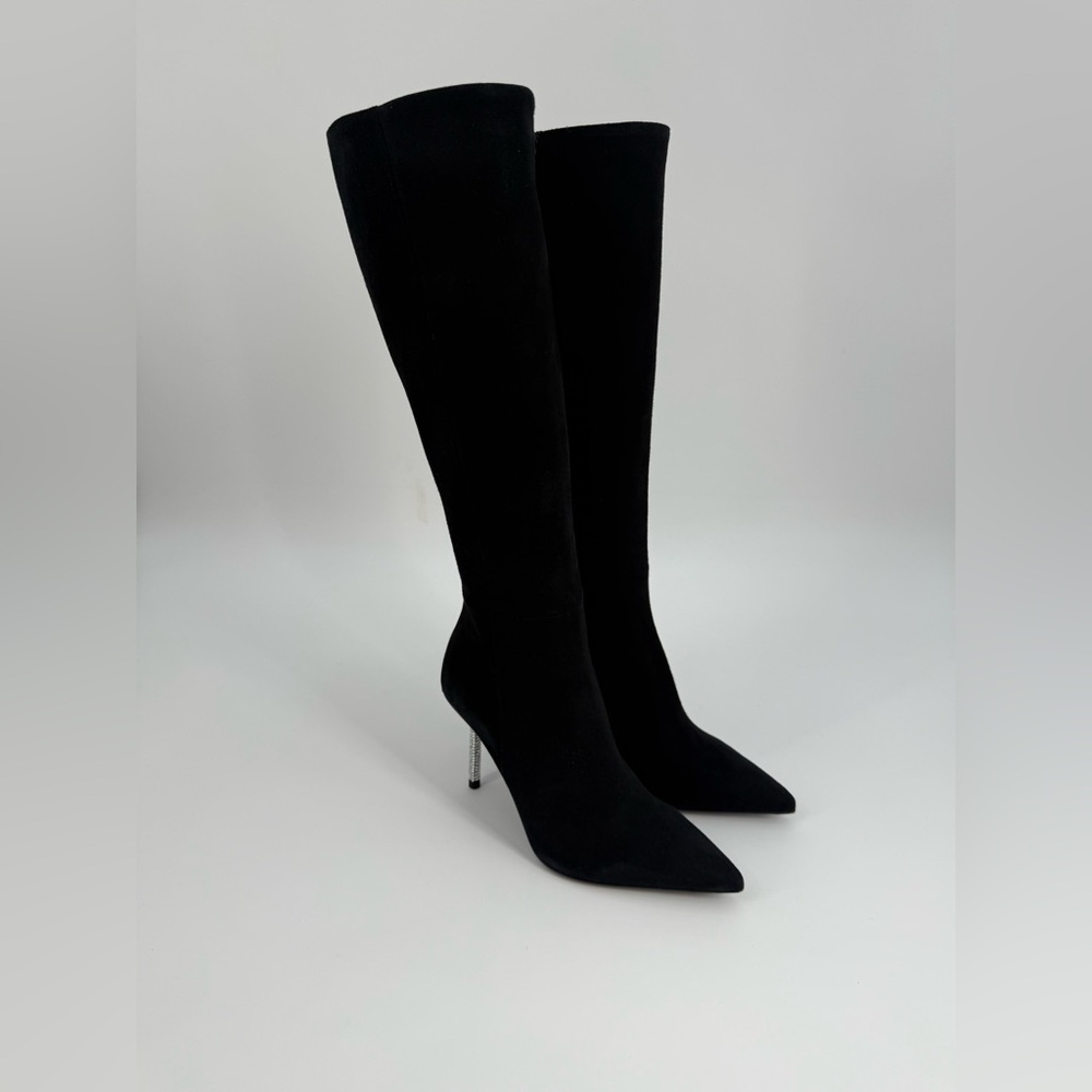 Diane B. Sophisticated Black Suede Knee-High Stiletto Boots with Rhinestone Heel - Picture 9 of 16